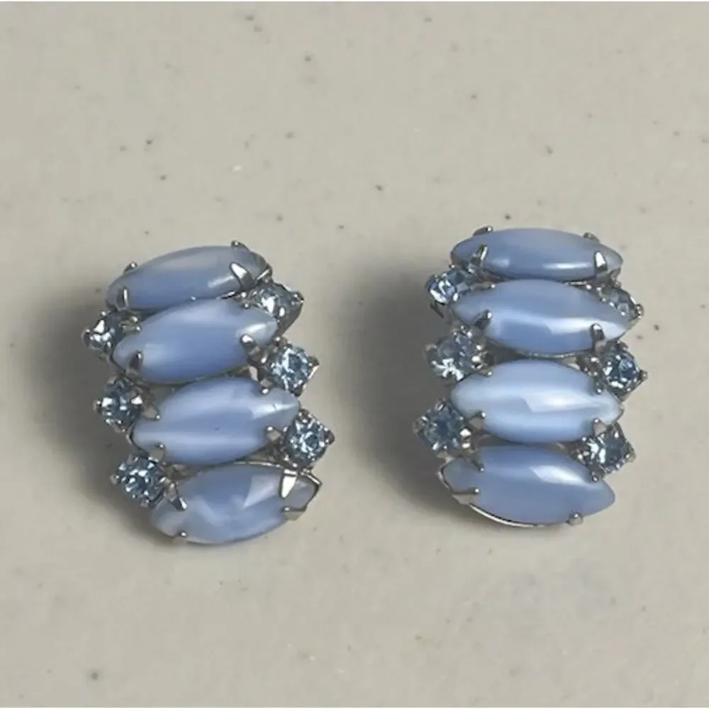 Blue Moonstone Art Glass Rhinestone Clip On Earrings 50s 60s Vintage MCM Mod